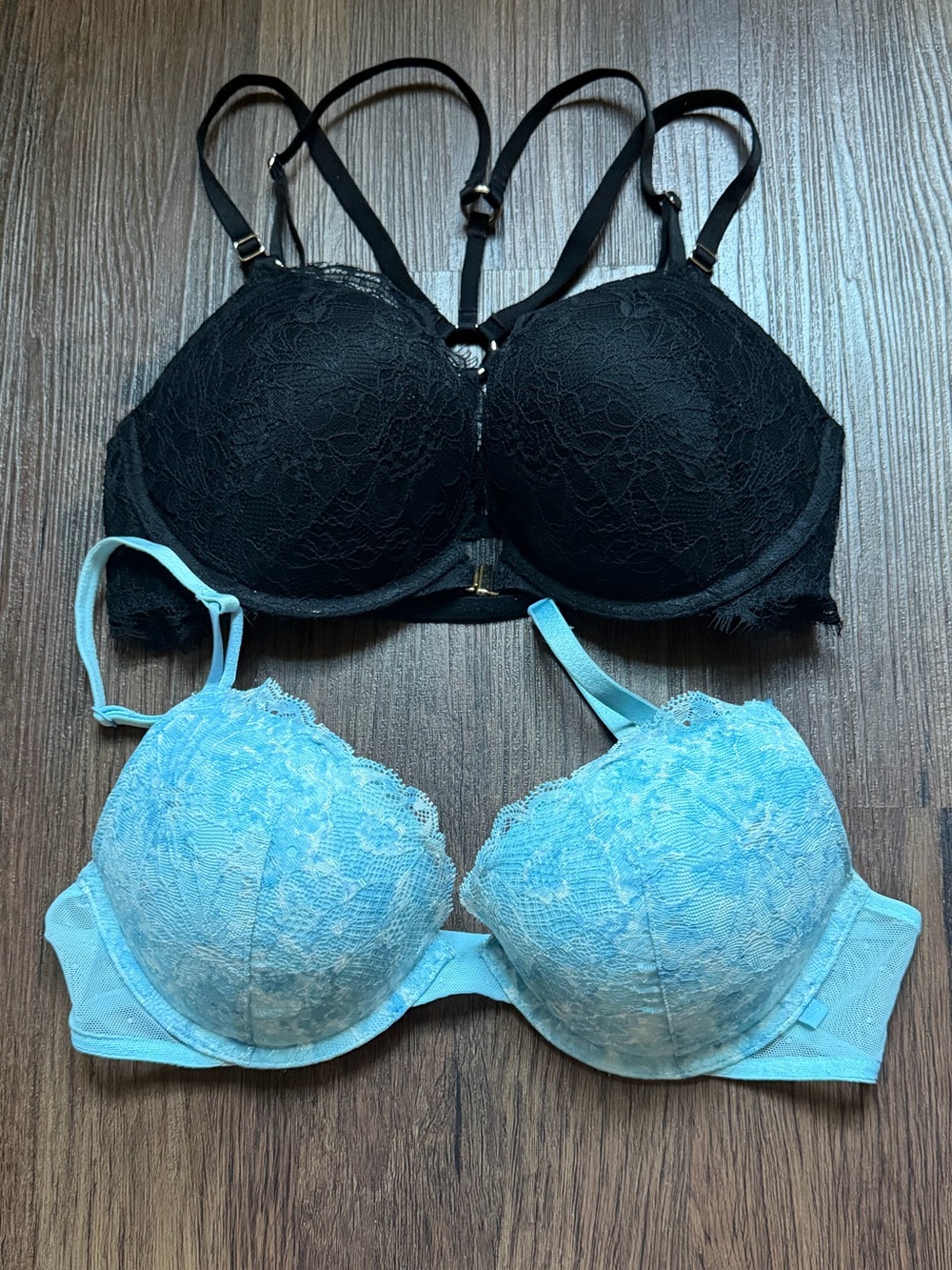 Victoria's Secret Black Lace Front Closure and Light Blue Lace Mesh Bra Set